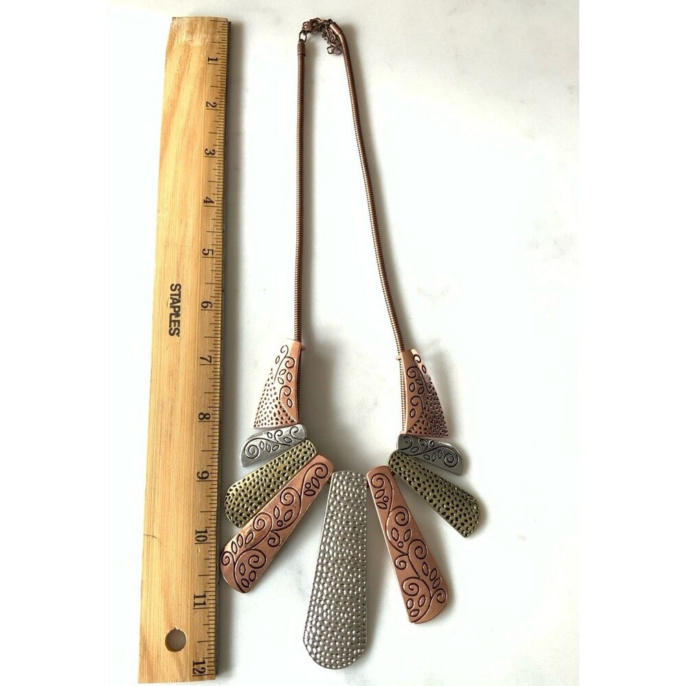 Bib Necklace Mixed Metal Engraved Plates Strung By Copper Tone Snake Chain